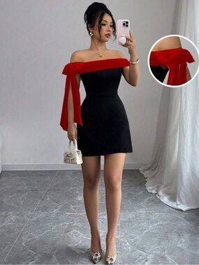 Rafferiza Women's Elegant Bowknot Off Shoulder Waist Cinched Short Dress,